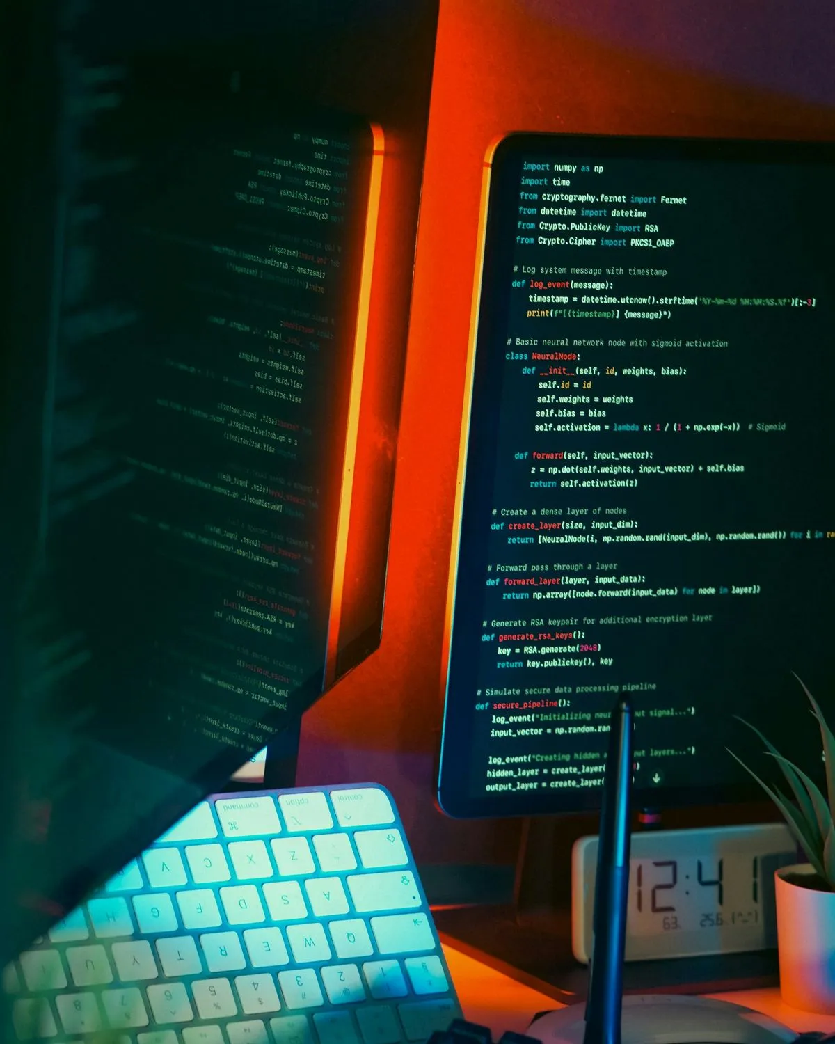 A glowing keyboard beside lines of code
